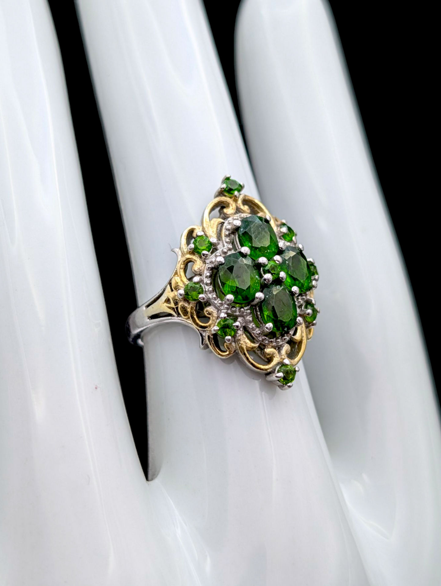 Vintage 14k Yellow Gold Filigree Cluster Earth Mined Genuine Chrome Diopside Sterling Silver Ring