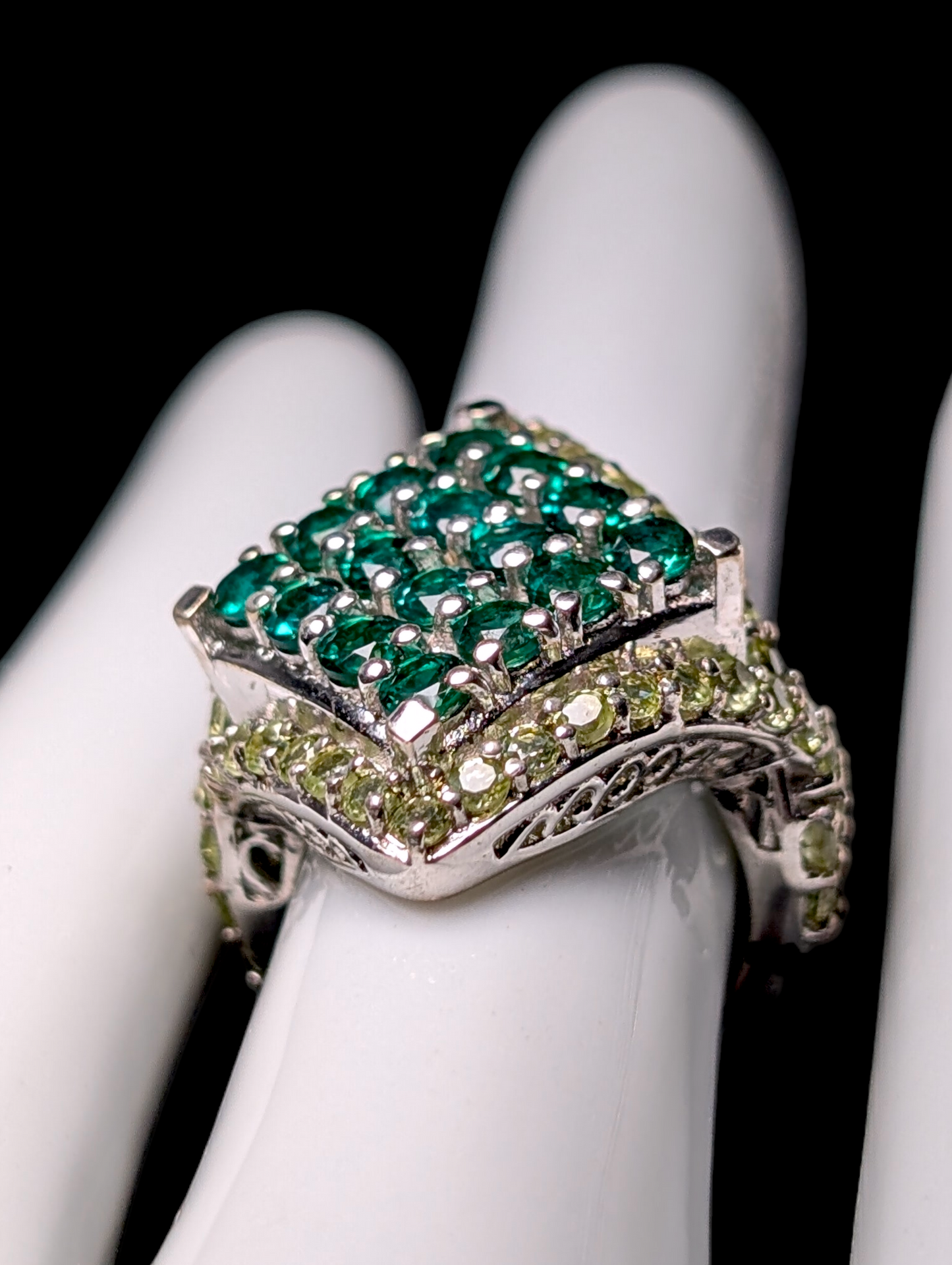 Vintage Dazzling Diamond Cluster Genuine Emerald with Peridot Halo Sterling Silver Statement Ring