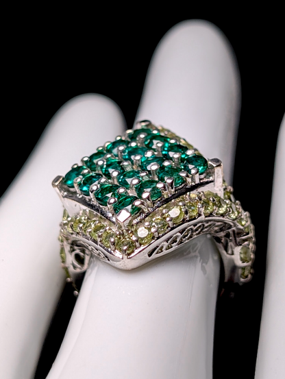 Vintage Dazzling Diamond Cluster Genuine Emerald with Peridot Halo Sterling Silver Statement Ring