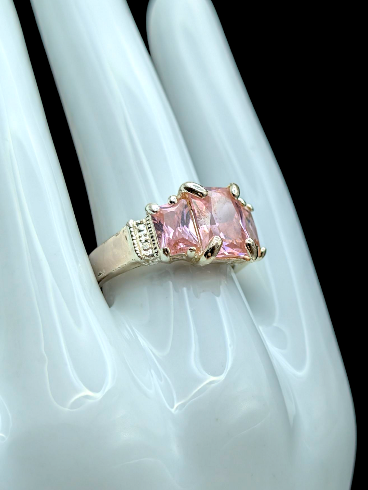 Vintage Large Radiant Cut Three Stone Simulated Pink Sapphire Silver Toned Statement Cocktail Ring
