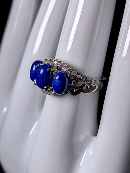 Vintage Genuine Lapis Lazuli and White Topaz Cross Over Sterling Silver Ring