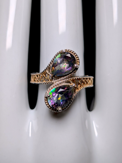 Vintage Inspired Pear Cut Twin Genuine Mystic Topaz with 14k Gold Filigree and Sterling Silver Wrap Ring