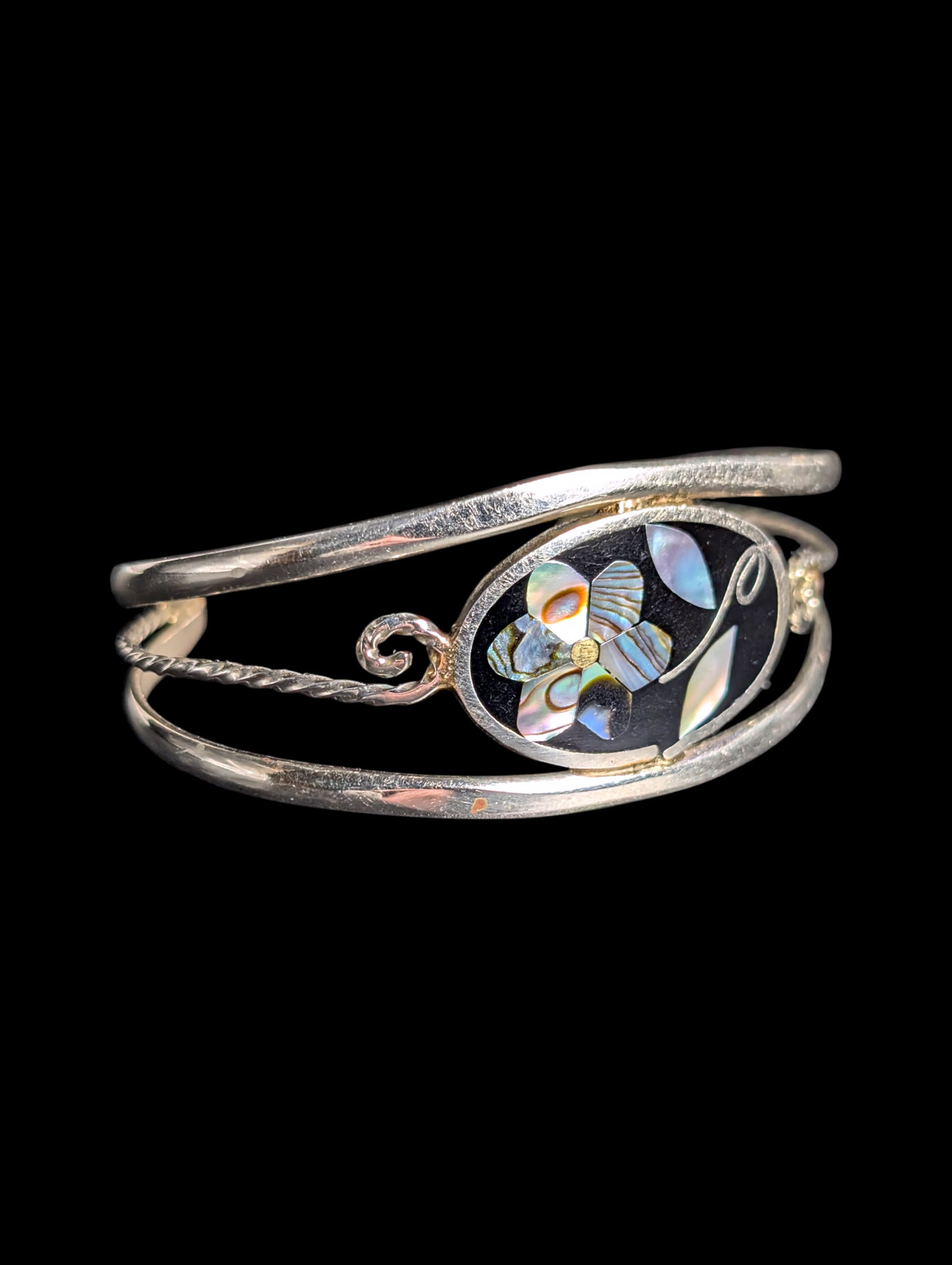 Vintage Flower Motif Abalone Inlay Enamel Alpaca Silver Cuff Bracelet