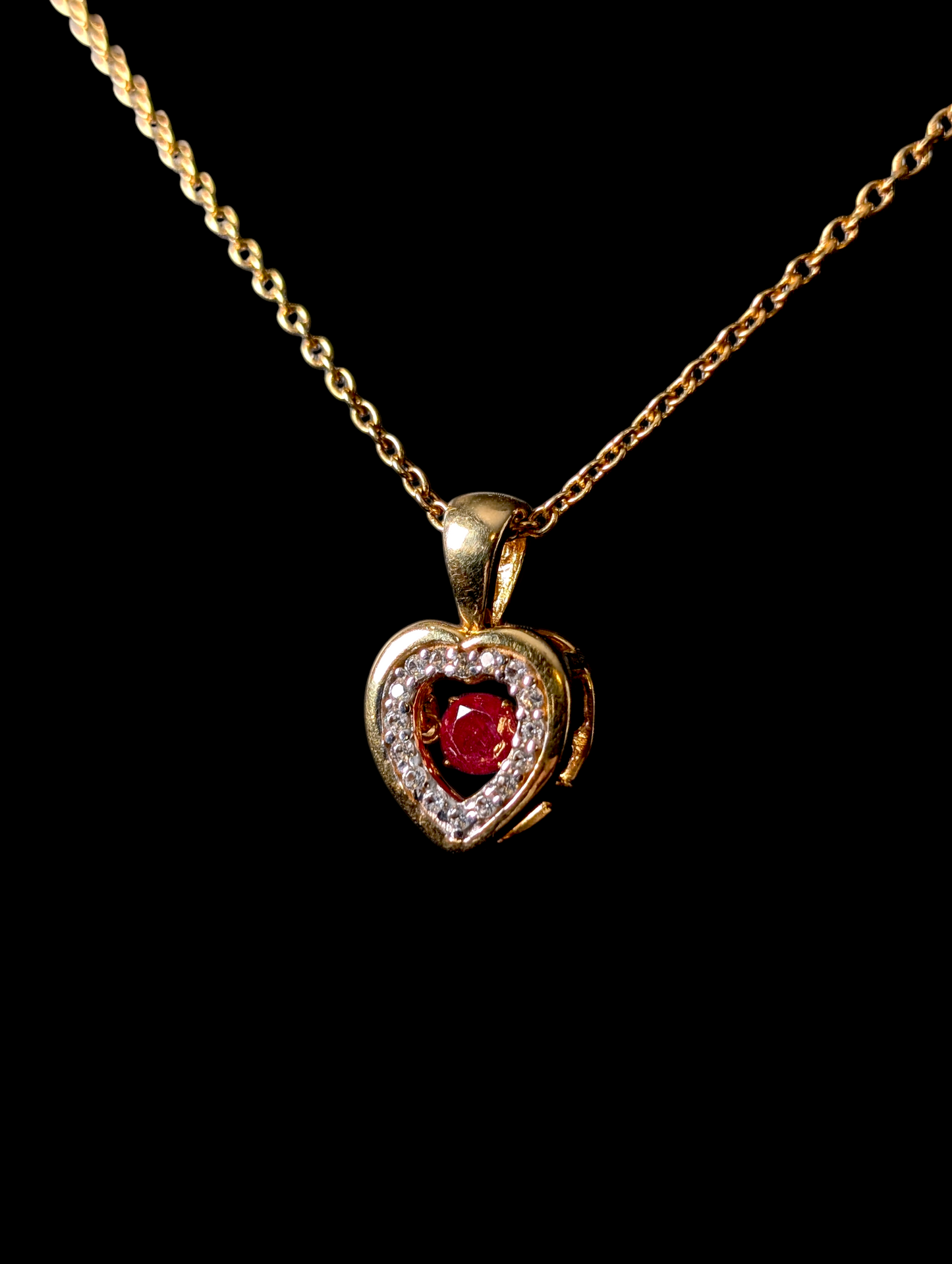 Vintage Genuine Ruby and White Topaz Halo Heart Pendant 14K Yellow Gold over Sterling Silver Link Chain Necklace