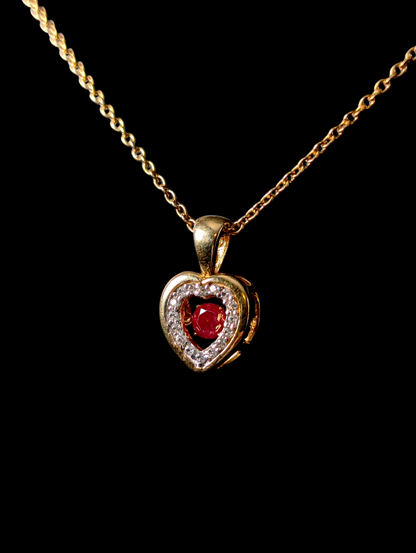 Vintage Genuine Ruby and White Topaz Halo Heart Pendant 14K Yellow Gold over Sterling Silver Link Chain Necklace