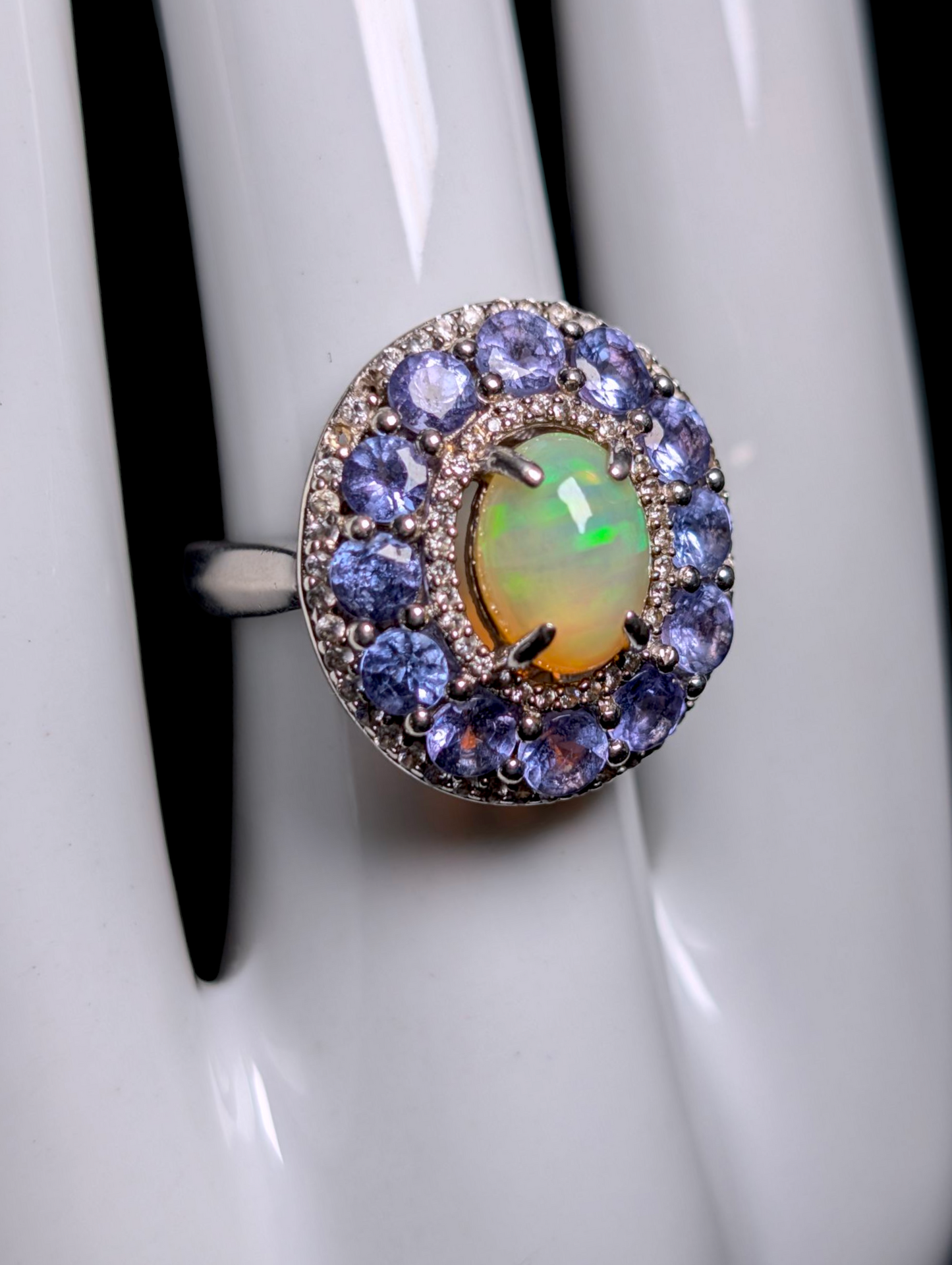 Vintage Designer Carol Brodie Genuine Ethiopian Fire Opal Solitaire With Double Tanzanite and White Zircon Halo Sterling Silver Ring