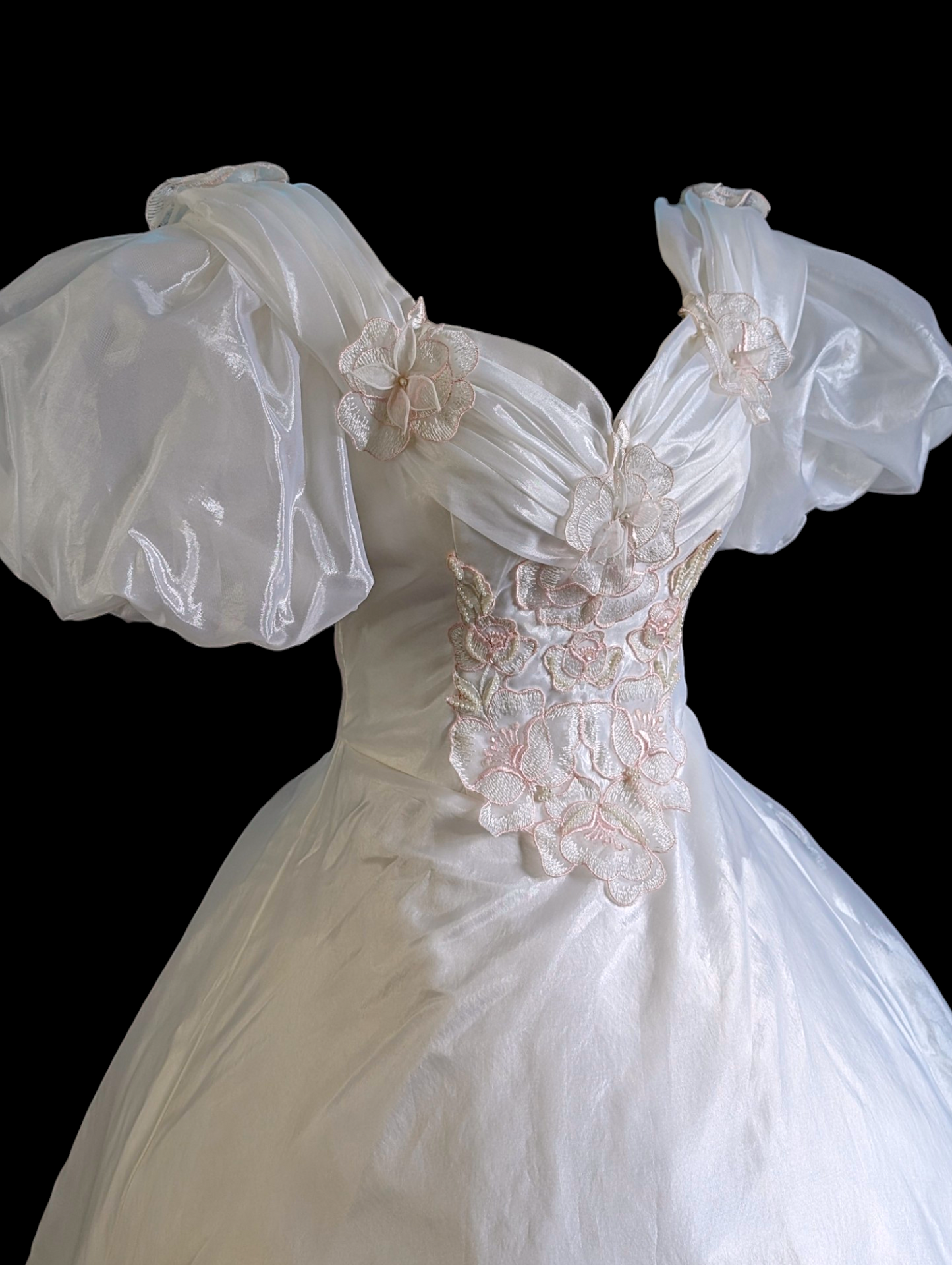 1980s Labyrinth Style Wedding Dress with Puff Sleeves, Open Back and Long Train