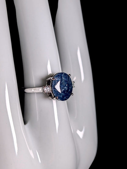 Vintage 3.8 Carat Earth Mined Blue Sapphire Solitaire and White Topaz Sterling Ring
