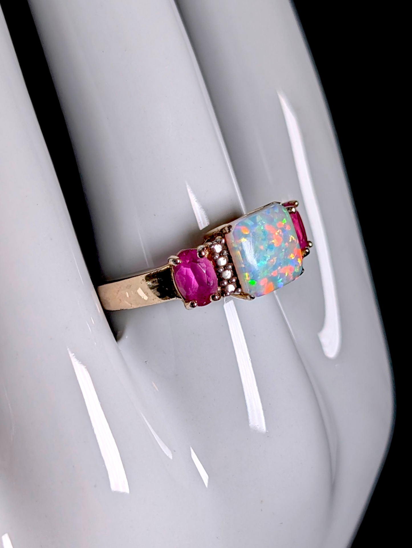 Vintage Princess Cabochon Cut Genuine Opal Solitaire with Oval Cut Pink Ruby Sapphire Accents 18kt Yellow Gold over Sterling Silver Ring