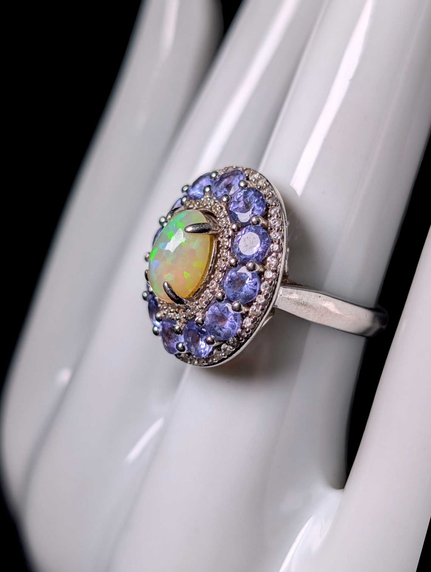 Vintage Designer Carol Brodie Genuine Ethiopian Fire Opal Solitaire With Double Tanzanite and White Zircon Halo Sterling Silver Ring