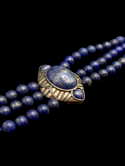 Vintage Genuine Lapis Lazuli Egyptian Inspired Sterling Silver Multi Strand Bracelet