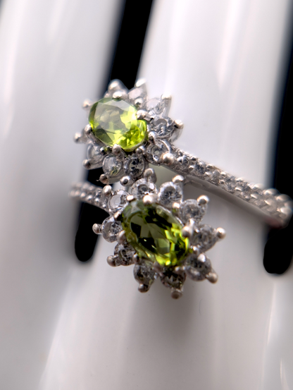 Vintage Starburst Double Genuine Peridot and White Topaz Halo Sterling Silver Ring