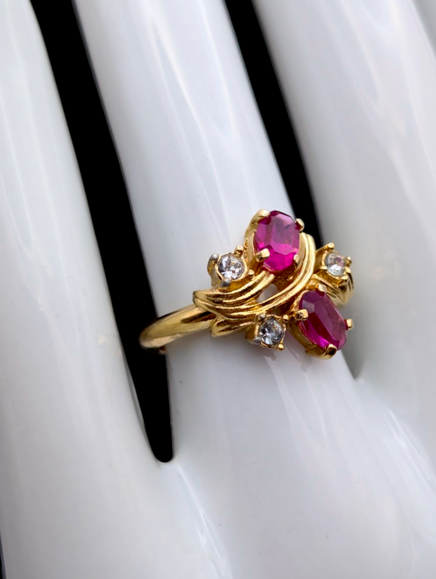 Vintage Dainty Oval Cut Simulated Pink Sapphire and Simulated Diamond Gold Toned Ring