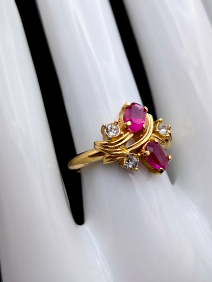 Vintage Dainty Oval Cut Simulated Pink Sapphire and Simulated Diamond Gold Toned Ring