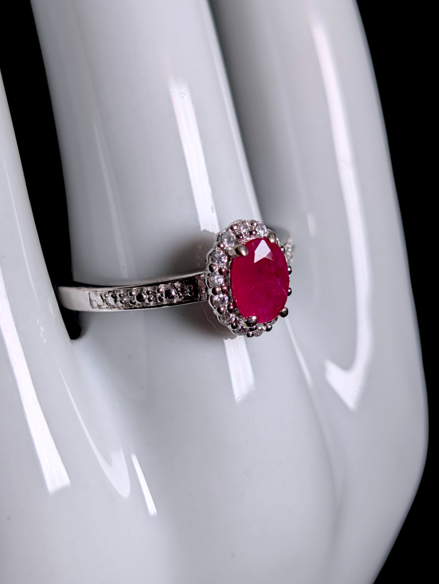 Vintage Earth Mined Oval Cut Genuine Ruby Solitaire with White Topaz Halo Sterling Silver Ring