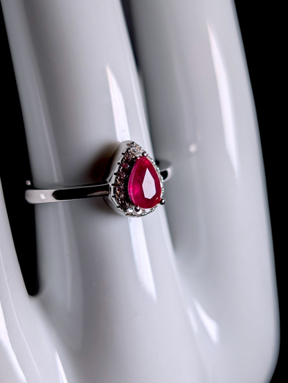 Vintage Dainty Pear Cut Genuine Ruby Solitaire with Simulated Halo Sterling Silver Stackable Ring