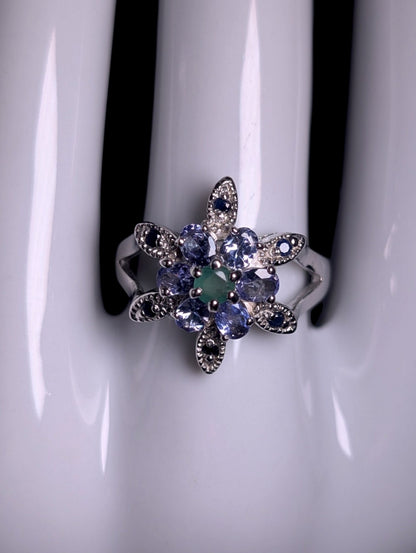 Vintage Genuine Emerald, Tanzanite and Sapphire Cluster Starburst Sterling Silver Ring