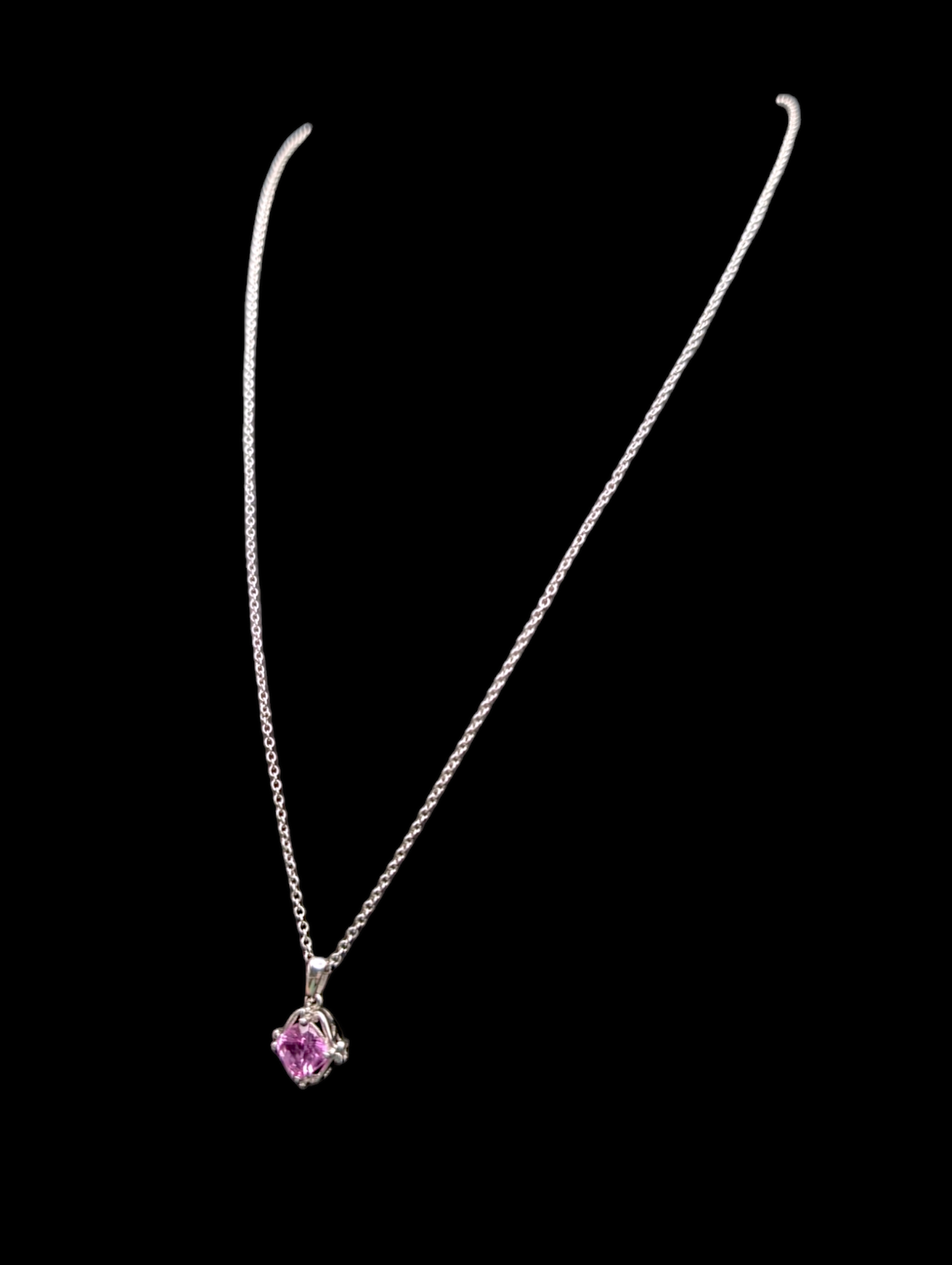 Vintage Inspired Pink Sapphire Sterling Silver Pendant, Necklace and 3 Stone Emerald Trillion Cut Ring Set