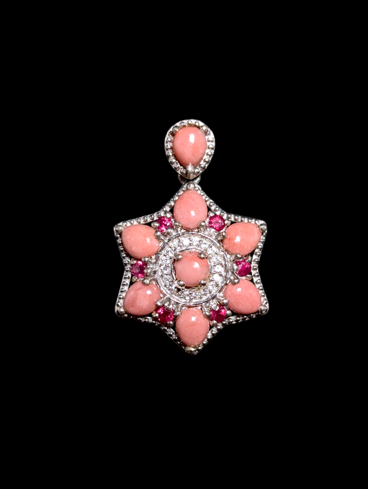 Vintage Genuine Pink Conch, Ruby and White Topaz Star Shaped Sterling Silver Pendant