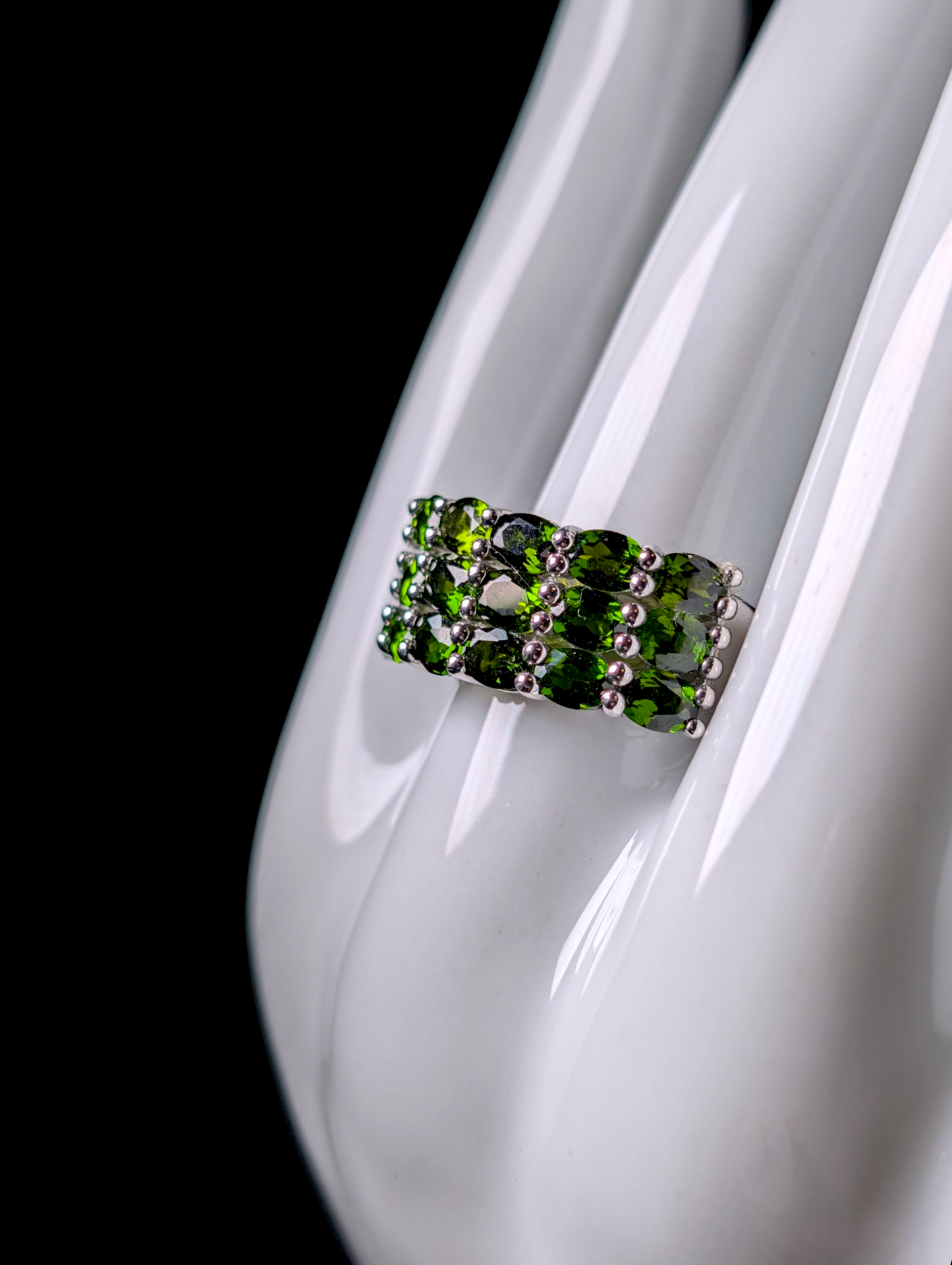 Vintage Three Row Earth Mined Genuine Green Chrome Diopside Sterling Silver Statement Ring