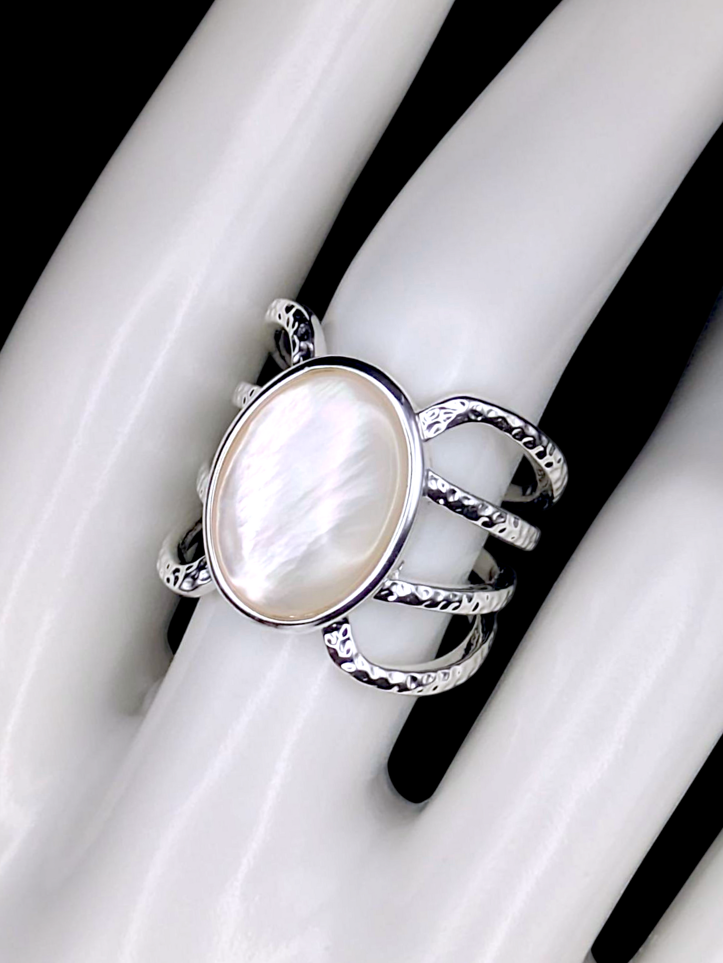 Vintage Inspired Oval Mother of Pearl Solitaire With Split Shank Silver Toned Cocktail Statement Ring