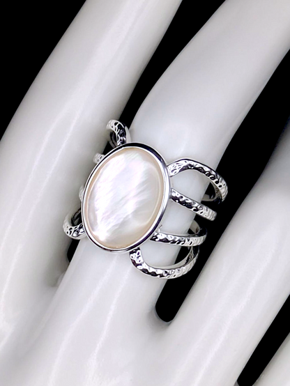 Vintage Inspired Oval Mother of Pearl Solitaire With Split Shank Silver Toned Cocktail Statement Ring