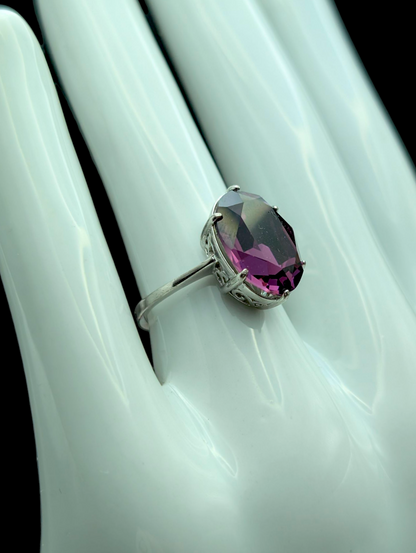 Vintage Dazzling Large Solitaire Simulated Amethyst Silver Statement Ring