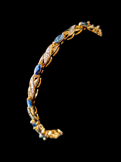 Vintage Marquise Cut Genuine Royal Blue Sapphire and Diamond Accent 18k Yellow Gold Vermeil Infinity Tennis Bracelet