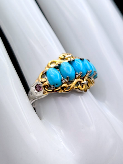 Vintage Oval Cut Genuine Sleeping Beauty Turquoise and Amethyst Accent 14k Gold and Sterling Silver Ring