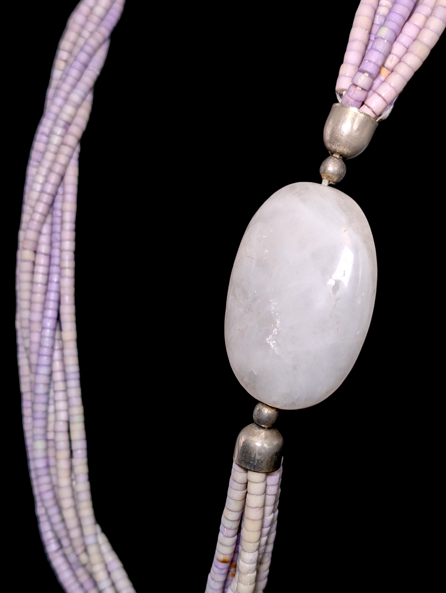 Vintage Hand Beaded Genuine Quartz and Purple Clam Shell Heishi Sterling Silver Necklace