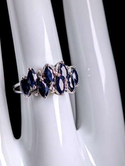 Vintage Staggered Row Marquise Cut Earth Mined Genuine Blue Sapphire with White Zircon Accent Stones Sterling Silver Ring