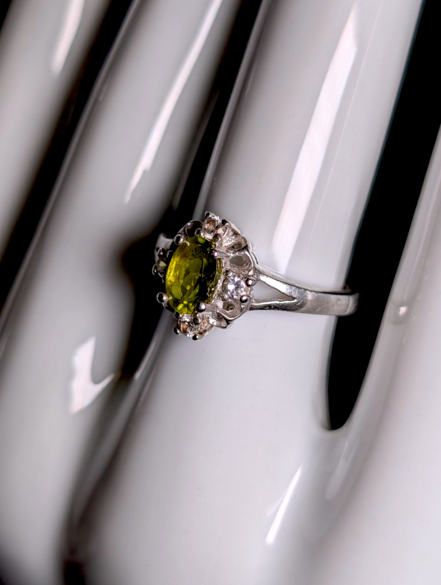 Vintage Dainty Genuine Peridot Solitaire with Simulated Diamond Accents Sterling Silver Ring