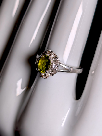Vintage Dainty Genuine Peridot Solitaire with Simulated Diamond Accents Sterling Silver Ring