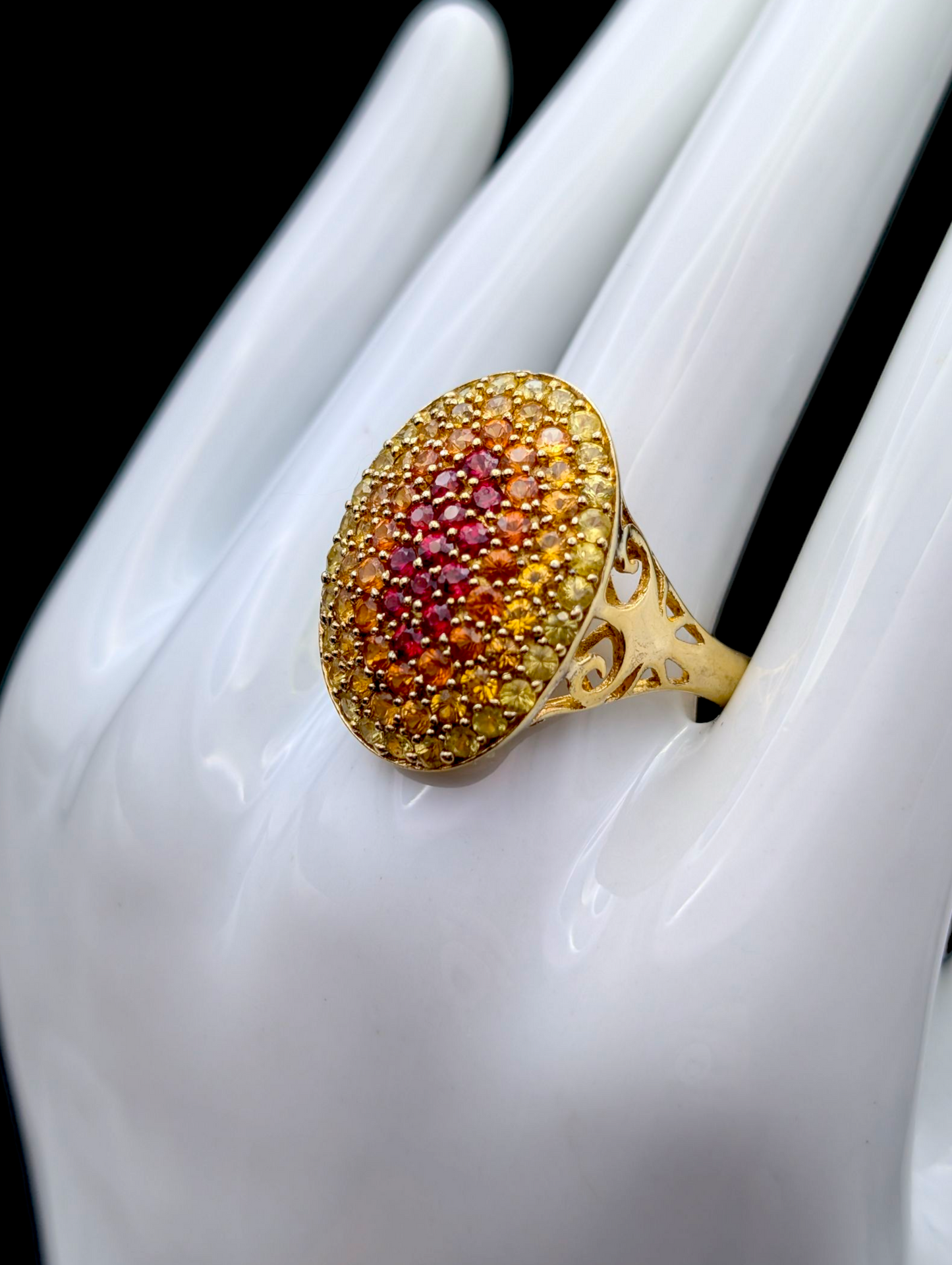 Vintage Inspired 18k Gold Vermeil Ombre Genuine Fancy Sapphire and Ruby Cluster Sterling Silver Ring