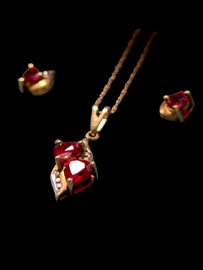 Vintage 10k Solid Yellow Gold Twin Heart Cut Genuine Ruby and Diamond Accent Necklace and Matching Earrings