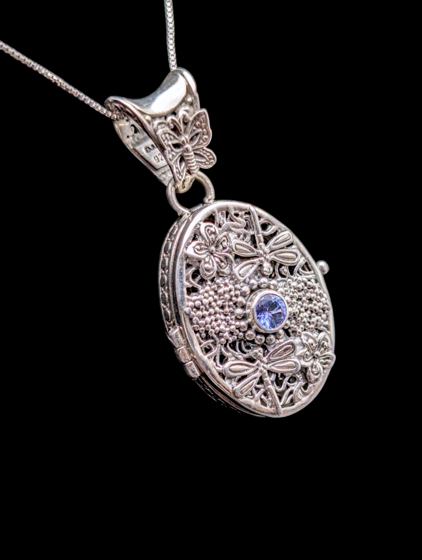 Vintage Earth Mined Genuine Tanzanite Dragonfly and Butterfly Filigree Locket Sterling Silver Pendant