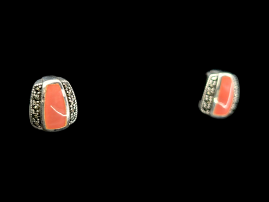 Vintage Genuine Red Coral and Marcasite Sterling Silver Cuff Earrings