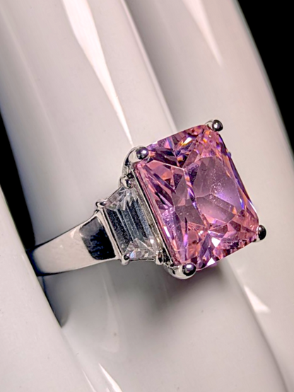 Vintage Inspired Rectangular Princess Cut Simulated Pink Sapphire Solitaire with Simulated Diamond Accents Silver Toned Ring