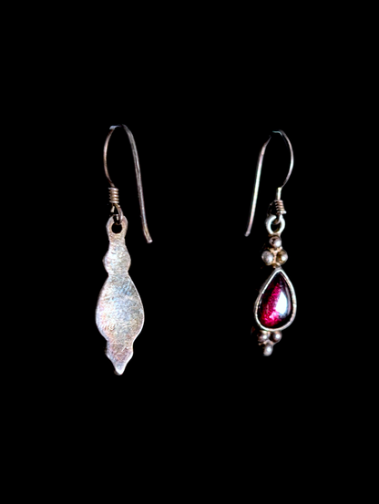 Vintage Tear Drop Cabochon Genuine Rhodolite Garnet Sterling Silver Earrings