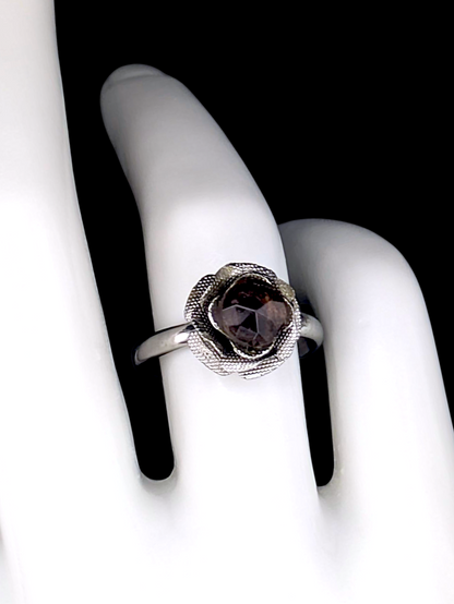 Vintage Inspired Rose Cut Simulated Smoky Quartz Solitaire on Rose Sculpted Mount Silver Toned Ring