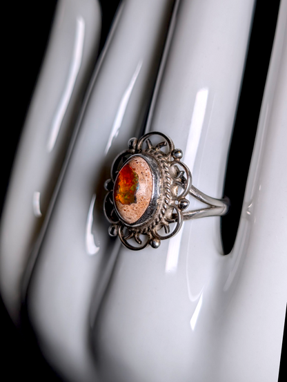 Vintage Cabochon Cut Earth Mined Genuine Mexican Boulder Fire Opal Sterling Silver Filigree Ring