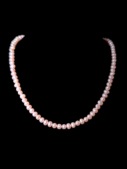 Vintage Dainty Genuine Pink Cultured Freshwater Pearl Oval Shaped Sterling Silver Necklace