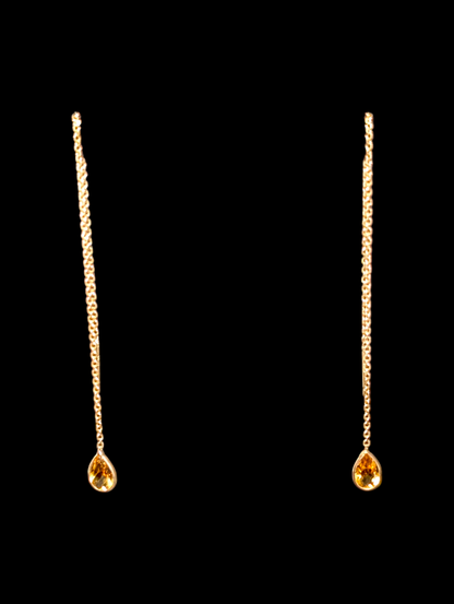 Vintage Threader Genuine Imperial Topaz Pear Cut 14k Yellow Gold Earrings