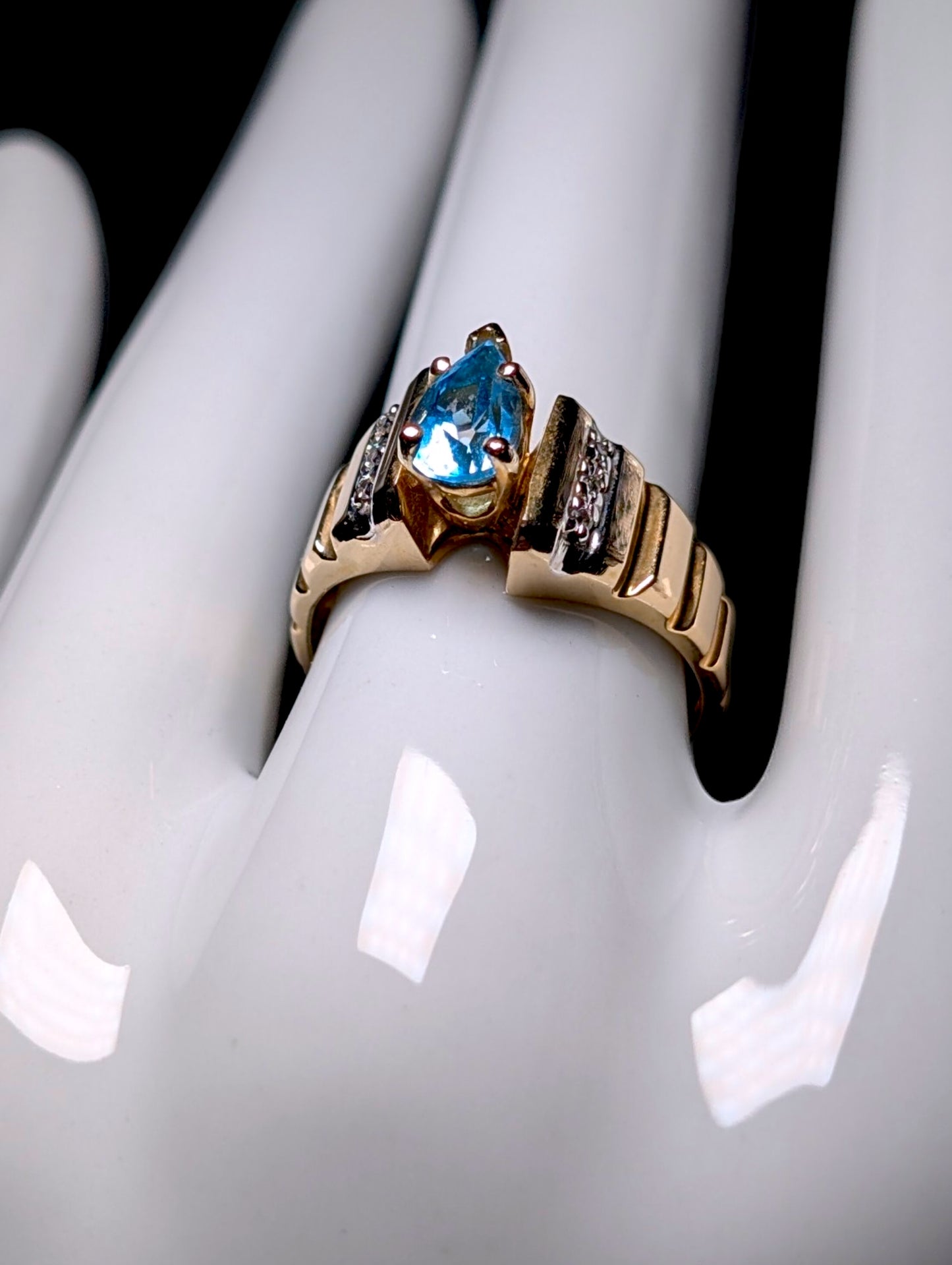 Vintage Pear Solitaire Genuine Blue Topaz and Diamond 14k Yellow Gold Ring