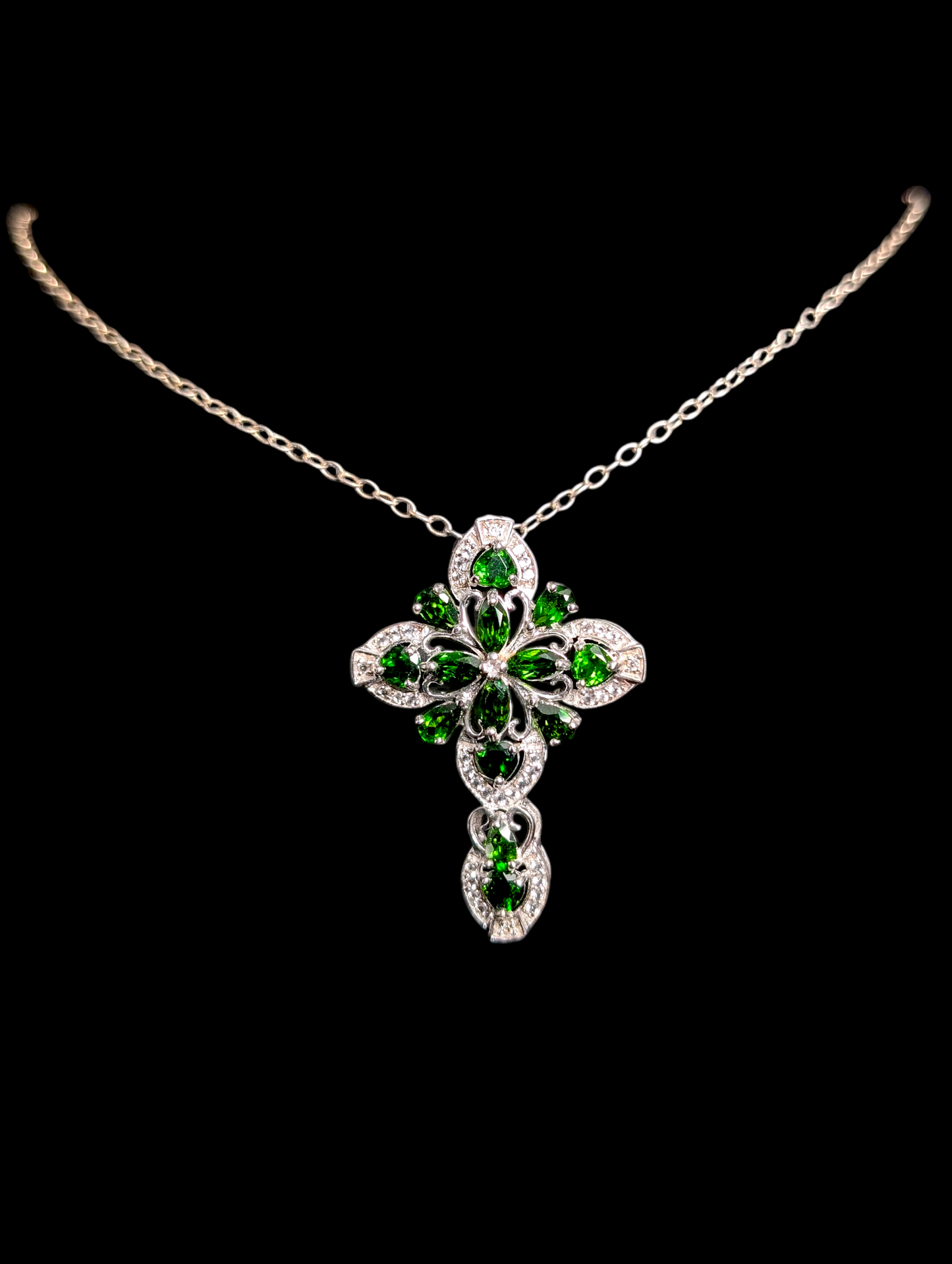 Vintage Large Earth Mined Genuine Chrome Diopside and White Zircon Sterling Cross Religious Pendant and Sterling Silver Chain Necklace