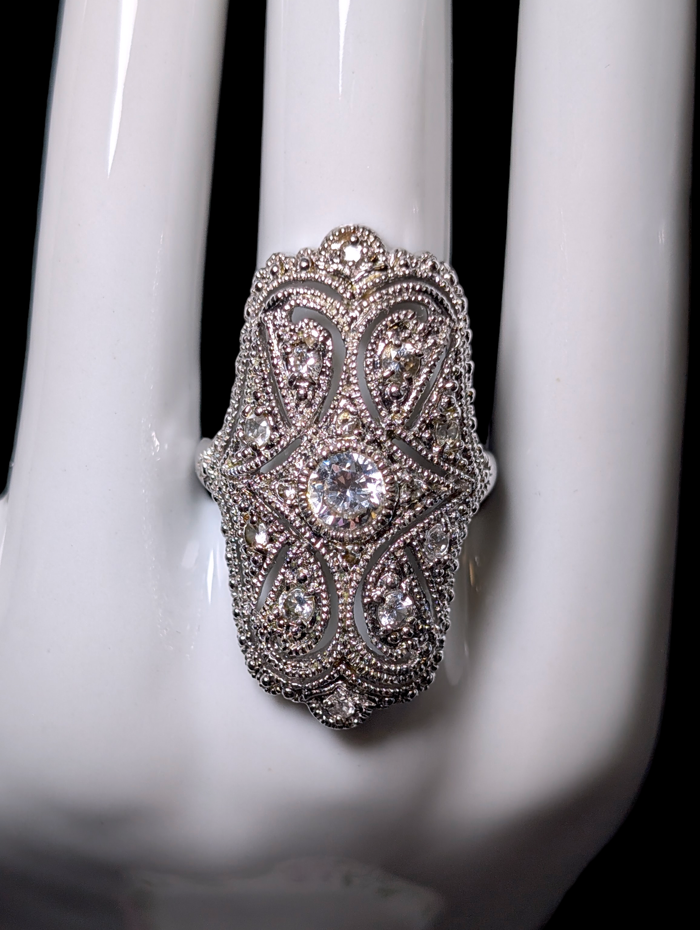 Vintage Edwardian Inspired Dazzling Simulated Diamond Sterling Silver Statement Ring