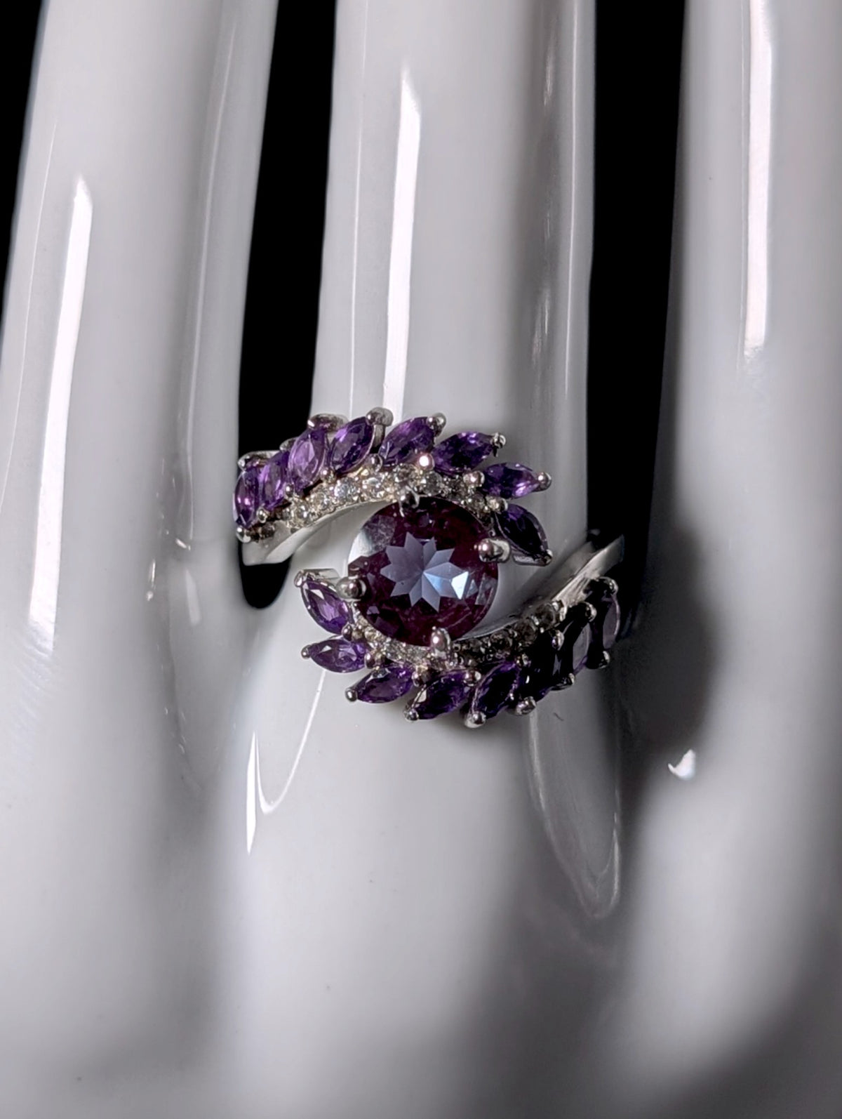 Vintage Inspired Genuine Color Changing Alexandrite, White Topaz and Amethyst Cross Over Sterling Silver Ring