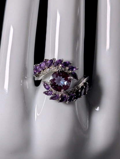 Vintage Inspired Genuine Color Changing Alexandrite, White Topaz and Amethyst Cross Over Sterling Silver Ring