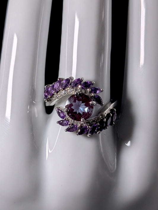 Vintage Inspired Genuine Color Changing Alexandrite, White Topaz and Amethyst Cross Over Sterling Silver Ring
