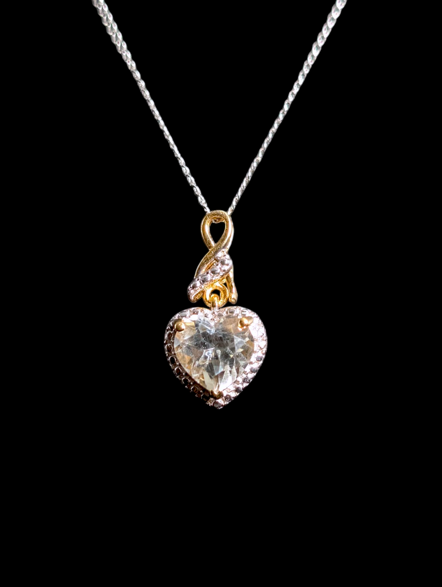 Vintage Heart Cut Genuine White Topaz with Sterling Silver Studded Halo Gold over Silver Pendant